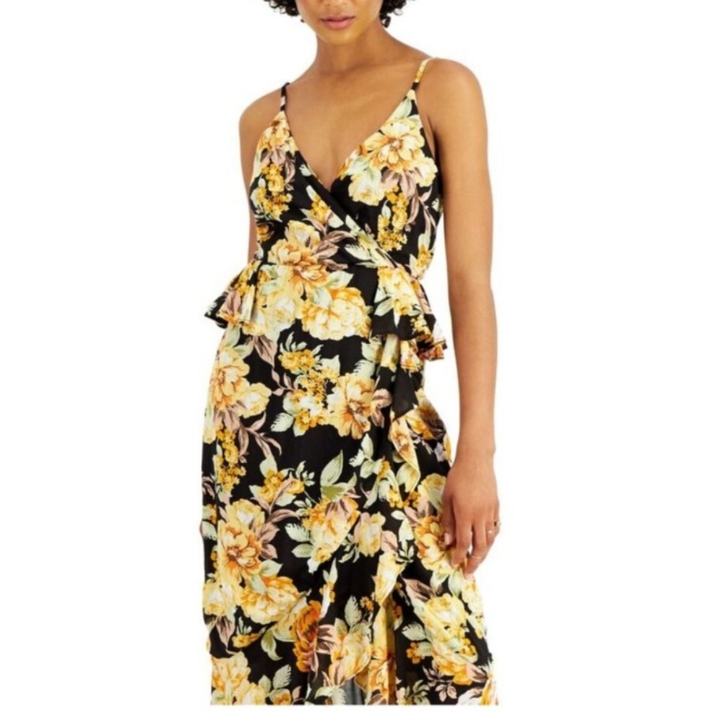 NWT Bardot Floral Ruffled Hi-Lo V-Neck Dress Black and Yellow Faux Wrap Sz 12 L